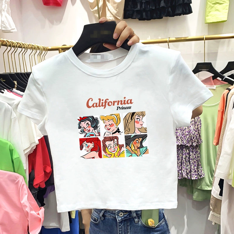 Moda T-shirt Retro Ins Cadeia Barriga-Expondo Tops de Manga Curta