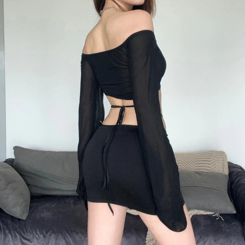 Fashion Style Ins New Arrival Fashion Sexy Silm off-Neck Long Sleeves Sexy Crop Top Half Skirt Suit Skirt for Women