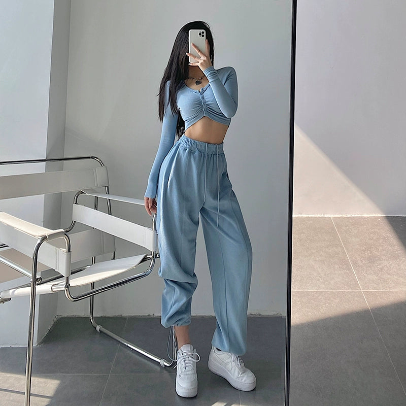 Fashion High Waist Loose Tappered Sports Pants Drawstring