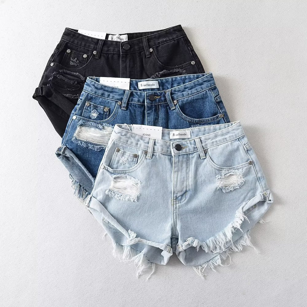 Xiaoguzi Street Raw Hem High Waist Casual Denim Shorts