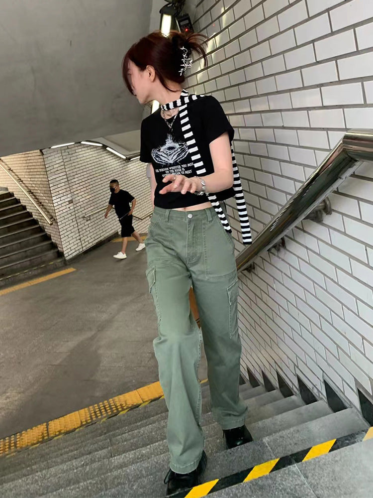 Grass Green Cargo Pants American High Street Straight-Leg Pants Female Male Loose High Waist Slimming Wide Leg Leisure Pants Spring Tide