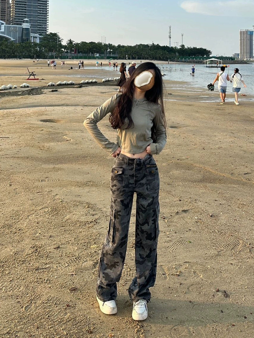 Long Camouflage Sexy High Waist Loose Wide Legs Cargo Pants