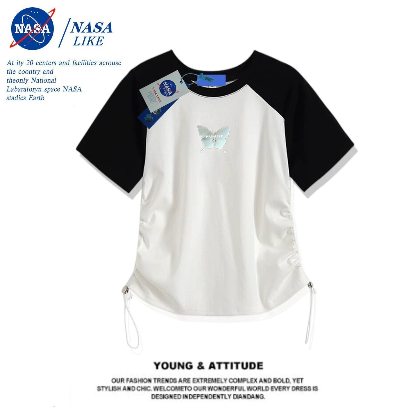 NASA American Drawstring Lace Contraste Cor Raglan Manga Curta T-Shirt Feminina Verão Nicho Design Slim-Fit Crop-Top