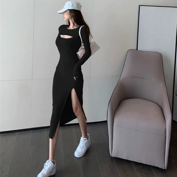 Cut Out round Neck Slim-Fit Annual Party Dress Long Sleeve Dress