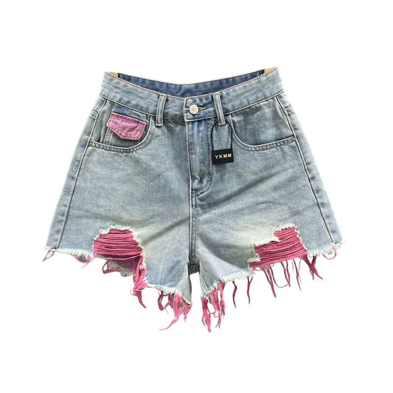 Color Ripped Jeans Shorts Women 2024 Summer New High Waist Slimming Gyaru A Word Frayed Wide Leg Pants Hot Pants