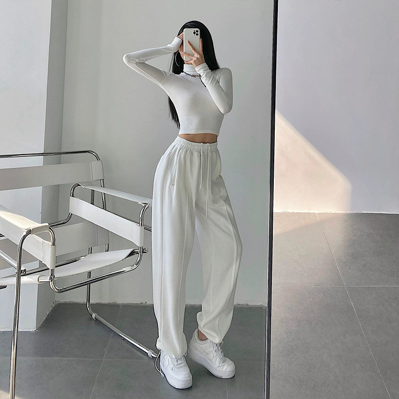 Fashion High Waist Loose Tappered Sports Pants Drawstring