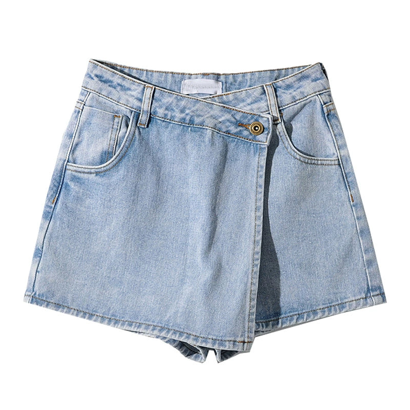 Anti-Aging Fashion Asymmetrical Fake Two-Piece Denim Shorts