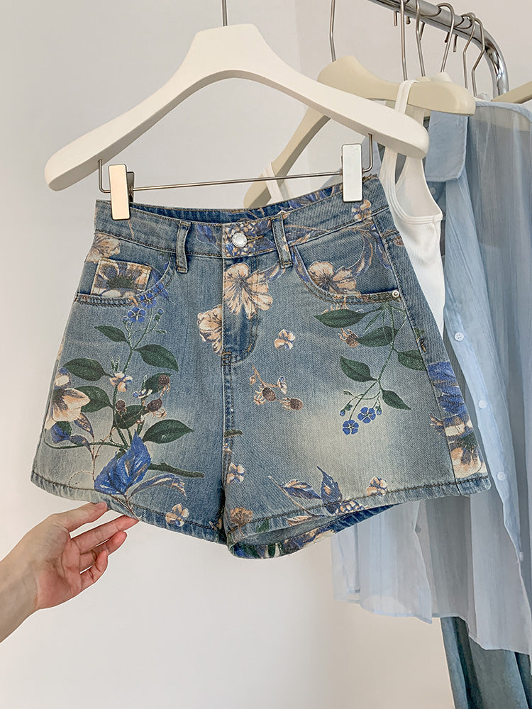 Guofeng Retro Print High Waist A- line Denim Shorts