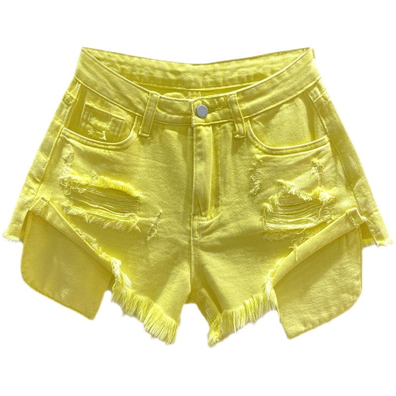 Fluorescent Yellow Summer Wear Niche Style Worn Denim Shorts