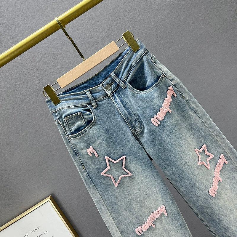 Single Product Pink Letters Straight High Waist Stylish Embroider