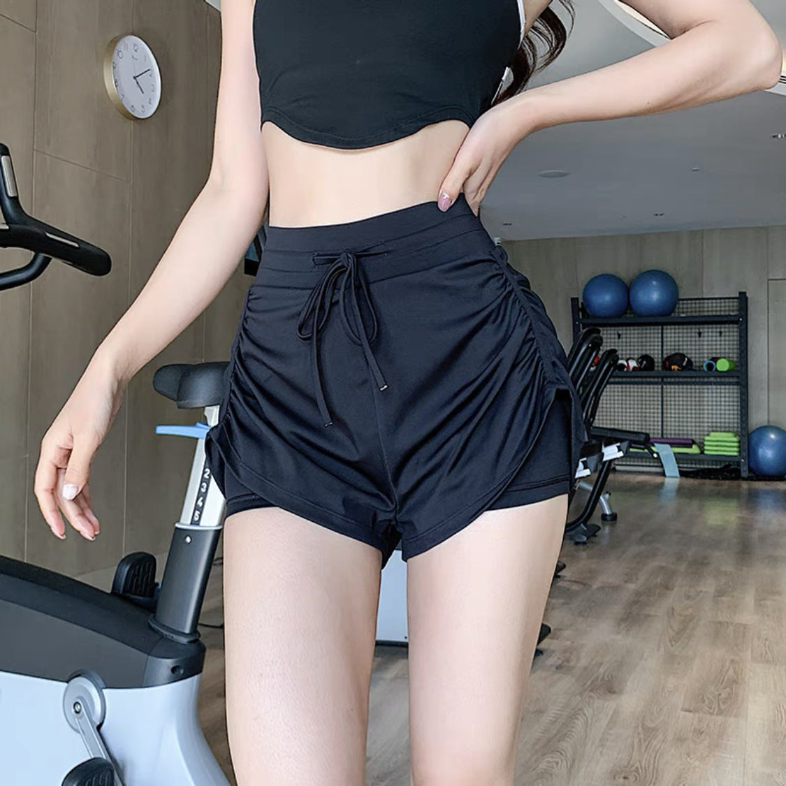 Women's Quick-Drying Summer with Lining Ruched High Waist Drawstring Yoga Pants Fashion Tape Running Exercise Shorts Training Workout Pants