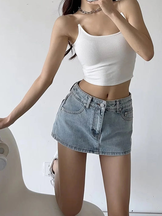 Sexy Low Waist Female Summer Sexy Crop Top Denim Skirt