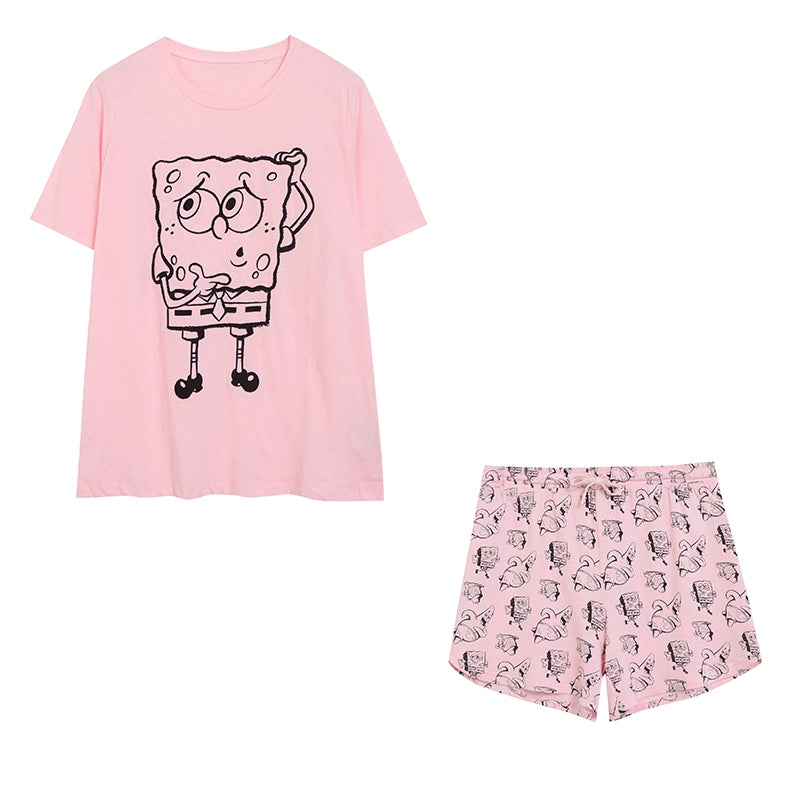 Cute Home Wear Flocking Cartoon Pajamas Terry Short Sleeve