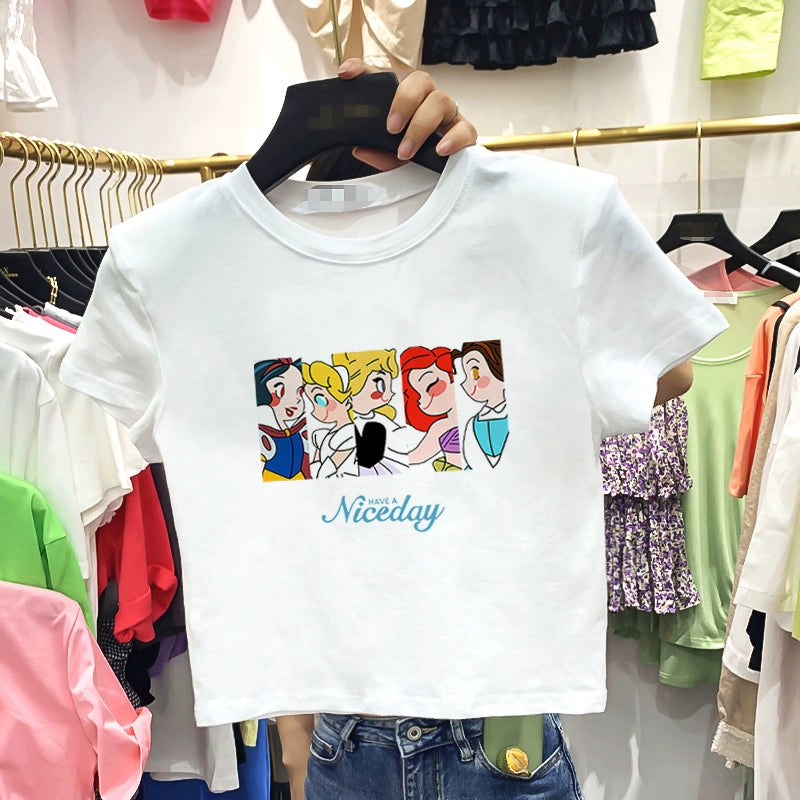 Moda T-shirt Retro Ins Cadeia Barriga-Expondo Tops de Manga Curta