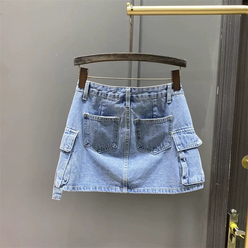 Saia jeans estilo coreano para trabalho de verão com bolso