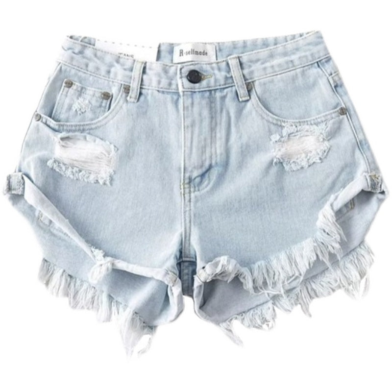 Xiaoguzi Street Raw Hem High Waist Casual Denim Shorts