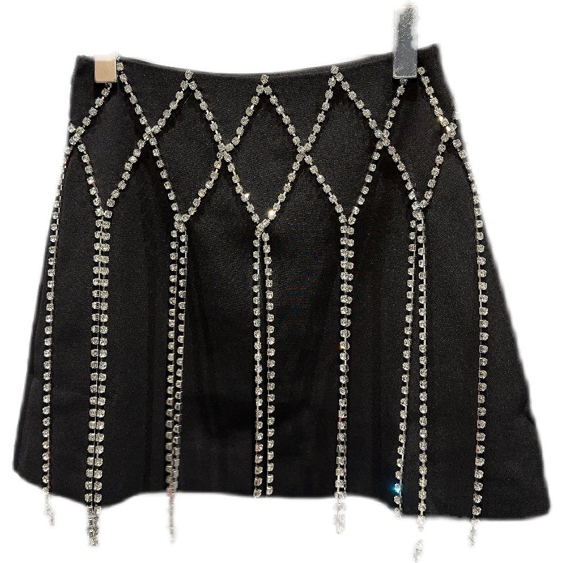 Online Celebrity Lady Diamond Lattice Rhinestone Chain Heavy Industry Skirt