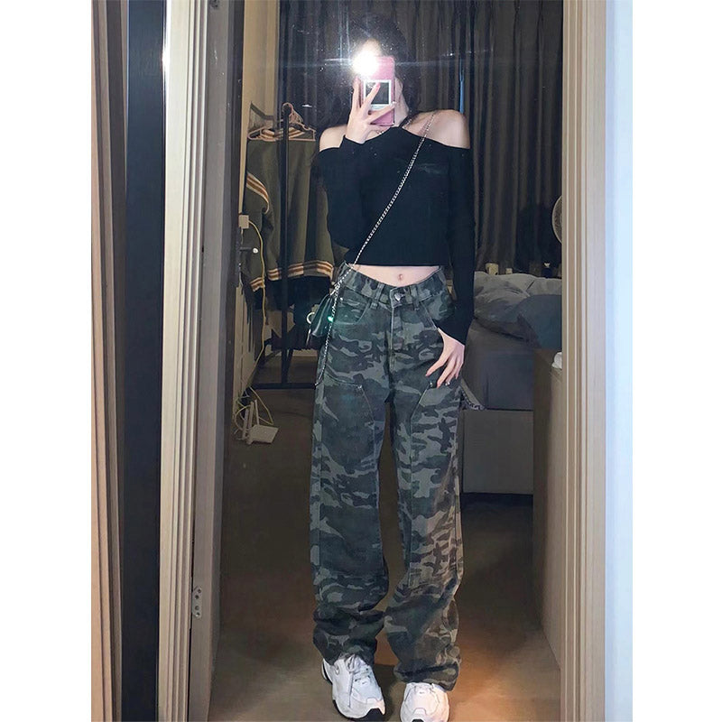 Plus Size Plus Size Ladies Camouflage Loose Pants Women's High Street Casual Hip Hop Loose Slim Looking Sports Army Green Cargo Jeans