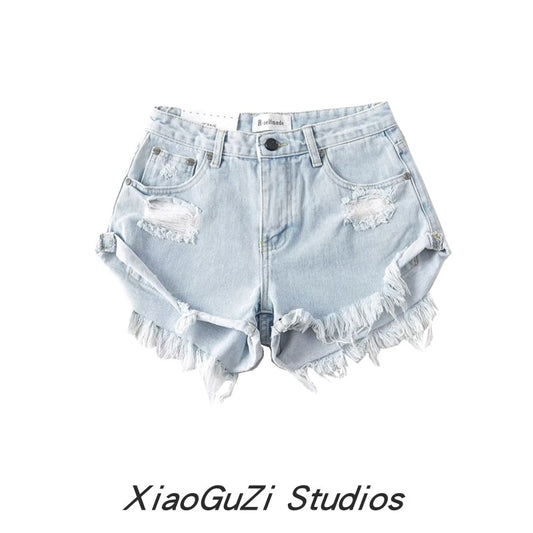 Xiaoguzi Street Raw Hem High Waist Casual Denim Shorts