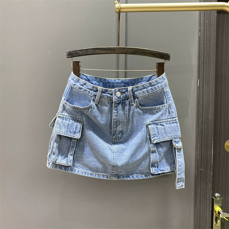 Saia jeans estilo coreano para trabalho de verão com bolso