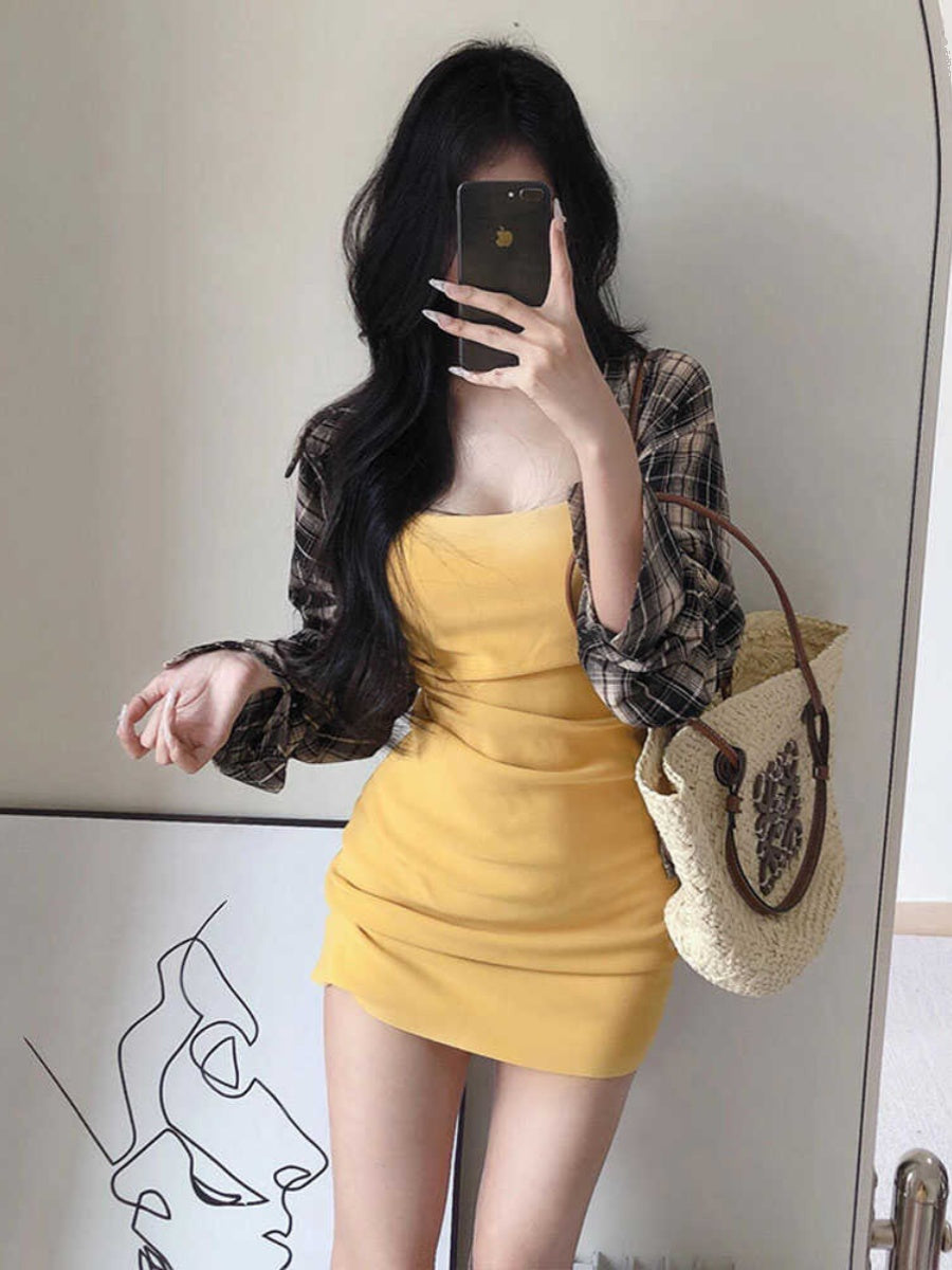 Square-Neck Cinched Sexy Skinny Slimming Sling Dress