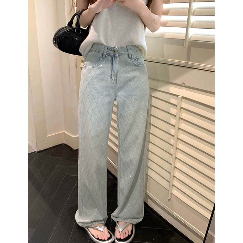 Yaoxiaojie American Style Quilted Hot Drilling Denim Female Summer High Waist Light Color Mop Wide Leg Pants