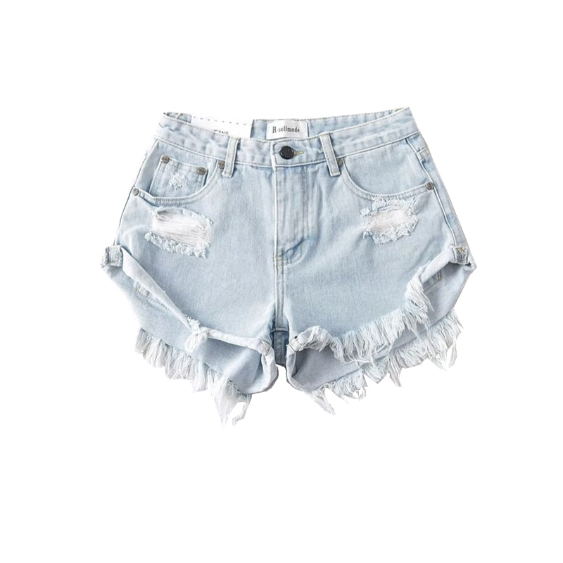 Xiaoguzi Street Raw Hem High Waist Casual Denim Shorts