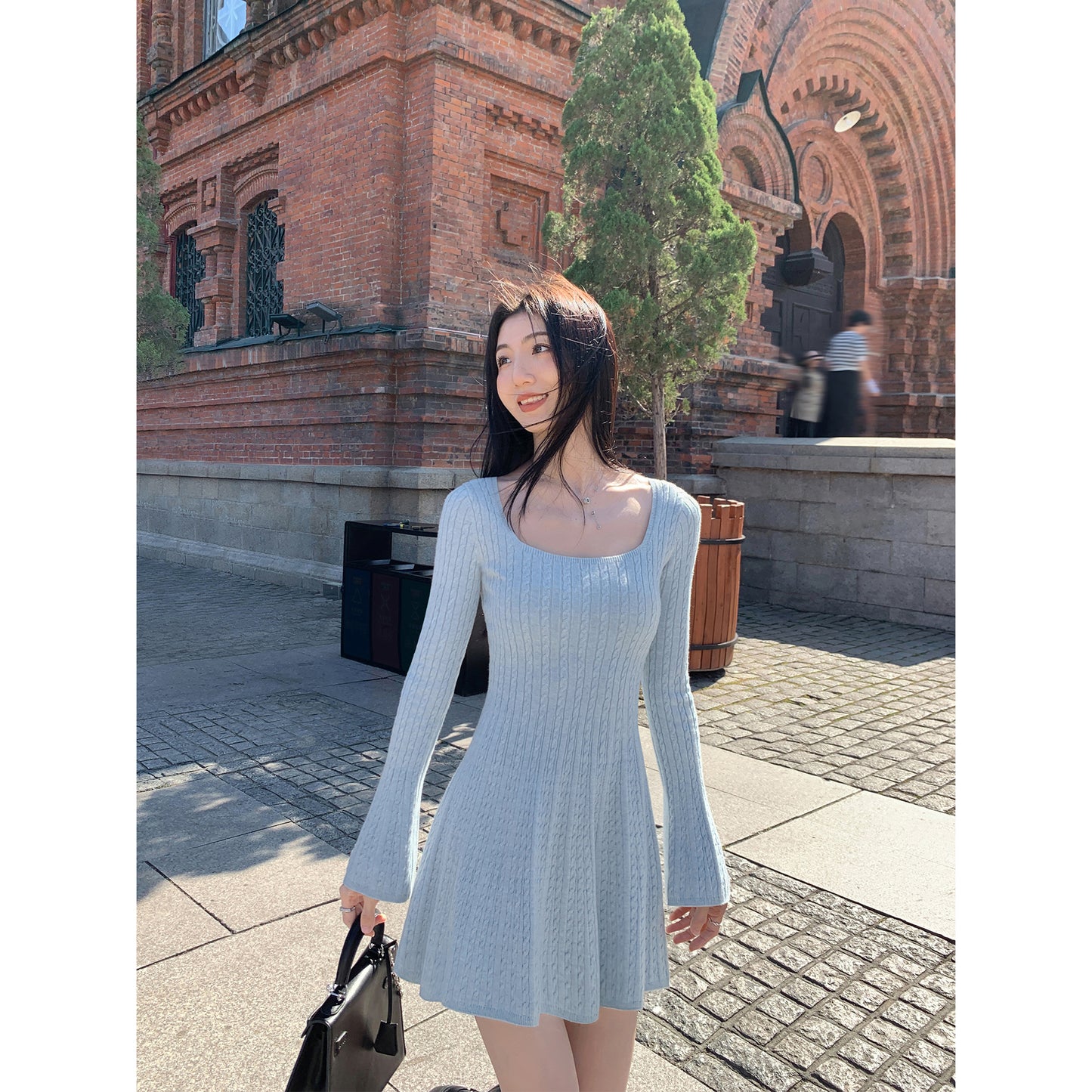 Mulvan French U-Collar Knitting Dress Female Fall and Winter Small Waist-Controlled Slimming Long Sleeve Cable Stitch A- line Short Skirt