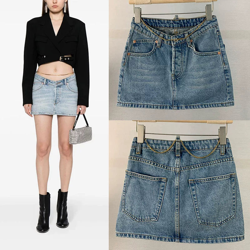 Factory Direct Supply 2024 New Arrival King V-Shaped Low Waist Metal Waist Chain Wide Leg Denim Skirt Female Slim Looking Easiest for Match