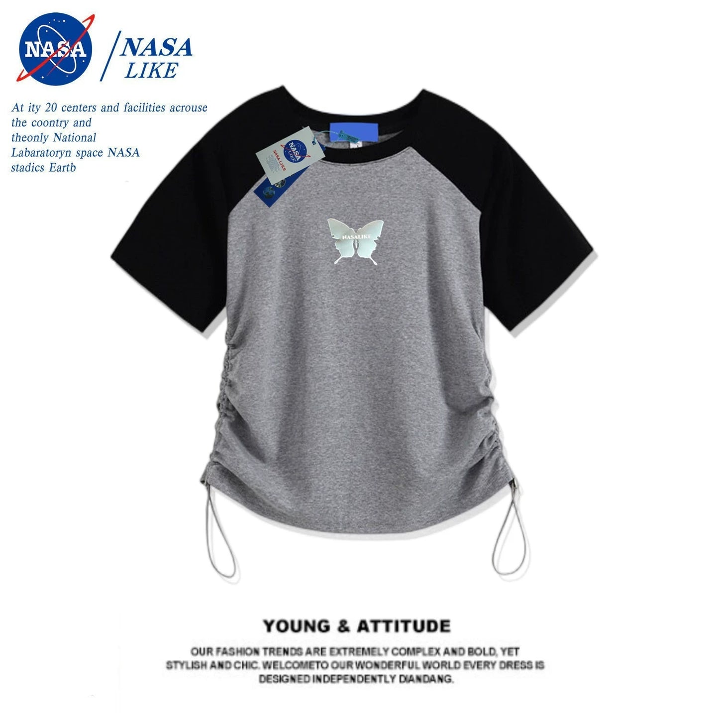 NASA American Drawstring Lace Contraste Cor Raglan Manga Curta T-Shirt Feminina Verão Nicho Design Slim-Fit Crop-Top