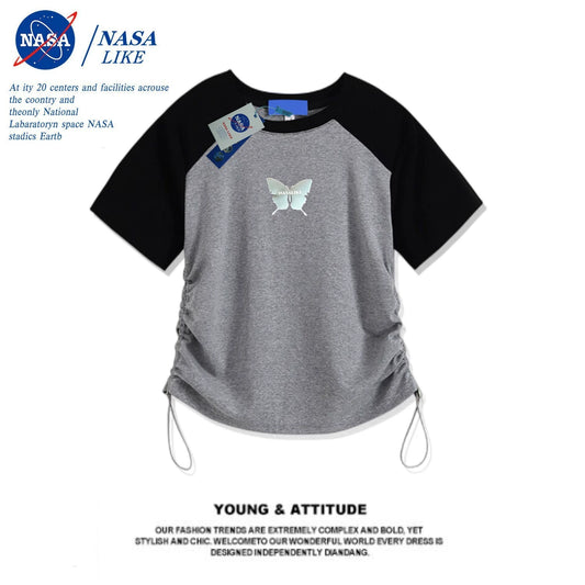 NASA American Drawstring Lace Contraste Cor Raglan Manga Curta T-Shirt Feminina Verão Nicho Design Slim-Fit Crop-Top