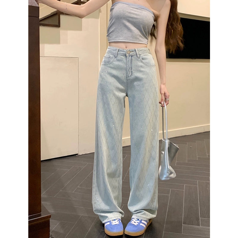 Yaoxiaojie American Style Quilted Hot Drilling Denim Female Summer High Waist Light Color Mop Wide Leg Pants