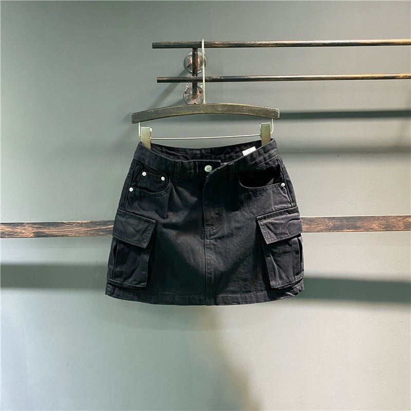 Saia jeans branca anti-defeito de guarda-roupa estilo coreano de verão com bolso grande