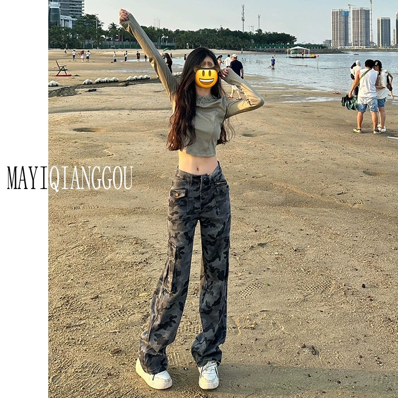 Long Camouflage Sexy High Waist Loose Wide Legs Cargo Pants