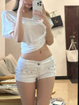 Estilo da moda Y2g Retro Rebite Elegante Alça Jeans Super Shorts Feminino Cintura Baixa Sexy Slim Olhando Hot Hip Calças