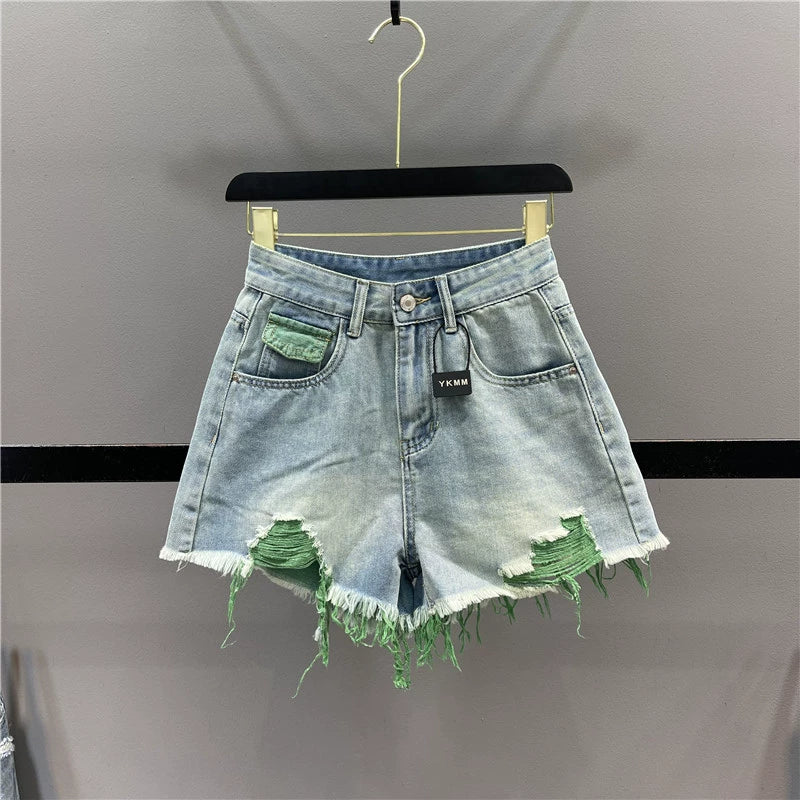 Color Ripped Jeans Shorts Women 2024 Summer New High Waist Slimming Gyaru A Word Frayed Wide Leg Pants Hot Pants