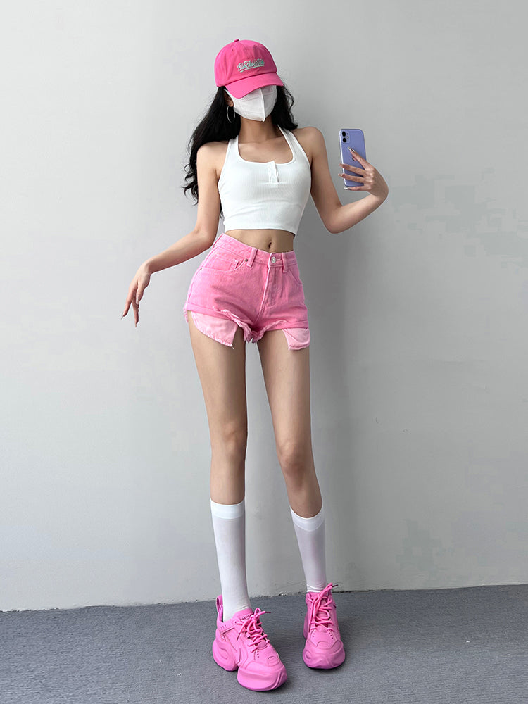 Summer European Style Hot Girl Super Short Slim Fit Curled Hem Pants