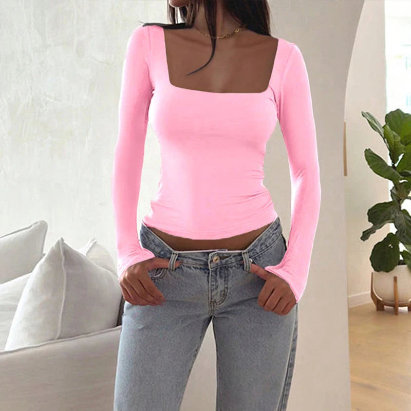 Women T-shirt Autumn New Sexy Low Chest Solid Elegant T-shirt Streetwear Fashion Long Sleeves Casual Slim Versatile Female Tees