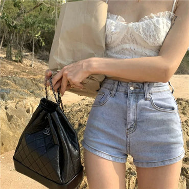 Shorts jeans curto feminino de verão, cintura alta, elástico, pernas longas, sexy, quadril, calça curta, menina, mulher, confortável, casual