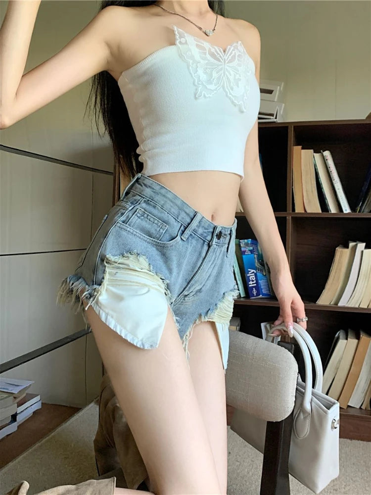 Denim High Waisted Shorts Women Summer Sexy Fashion Leaky Pocket Slim All-match Spicy Fur-lined Tassel Distressed Design A-line