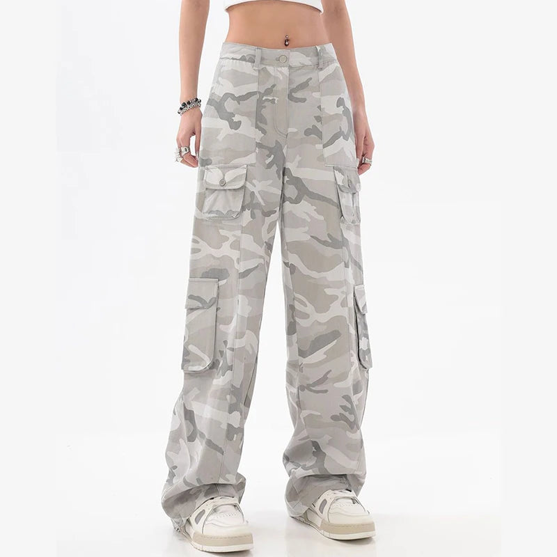 Calça cargo feminina hip hop cinza camuflada estilo americano Y2K calças largas largas retas soltas vintage calças de moletom casuais