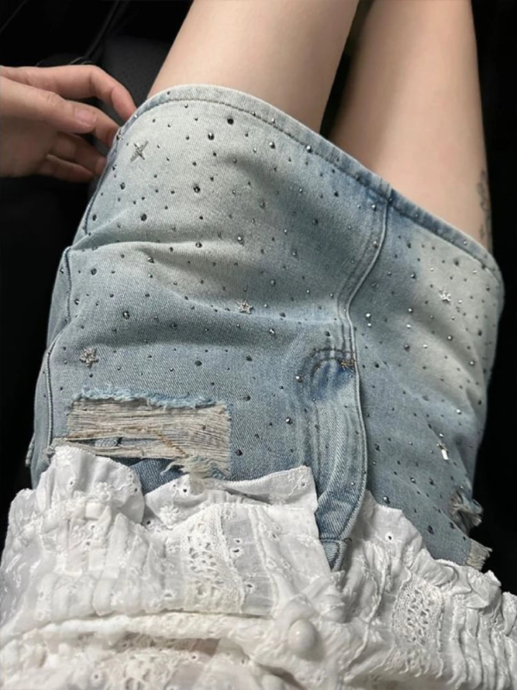 Vintage Denim Starry Skirts Women Mini Rhinestone Denim A-line Korean Style Hot Spicy Girls Summer Streetwear Stylish 4XL Chic