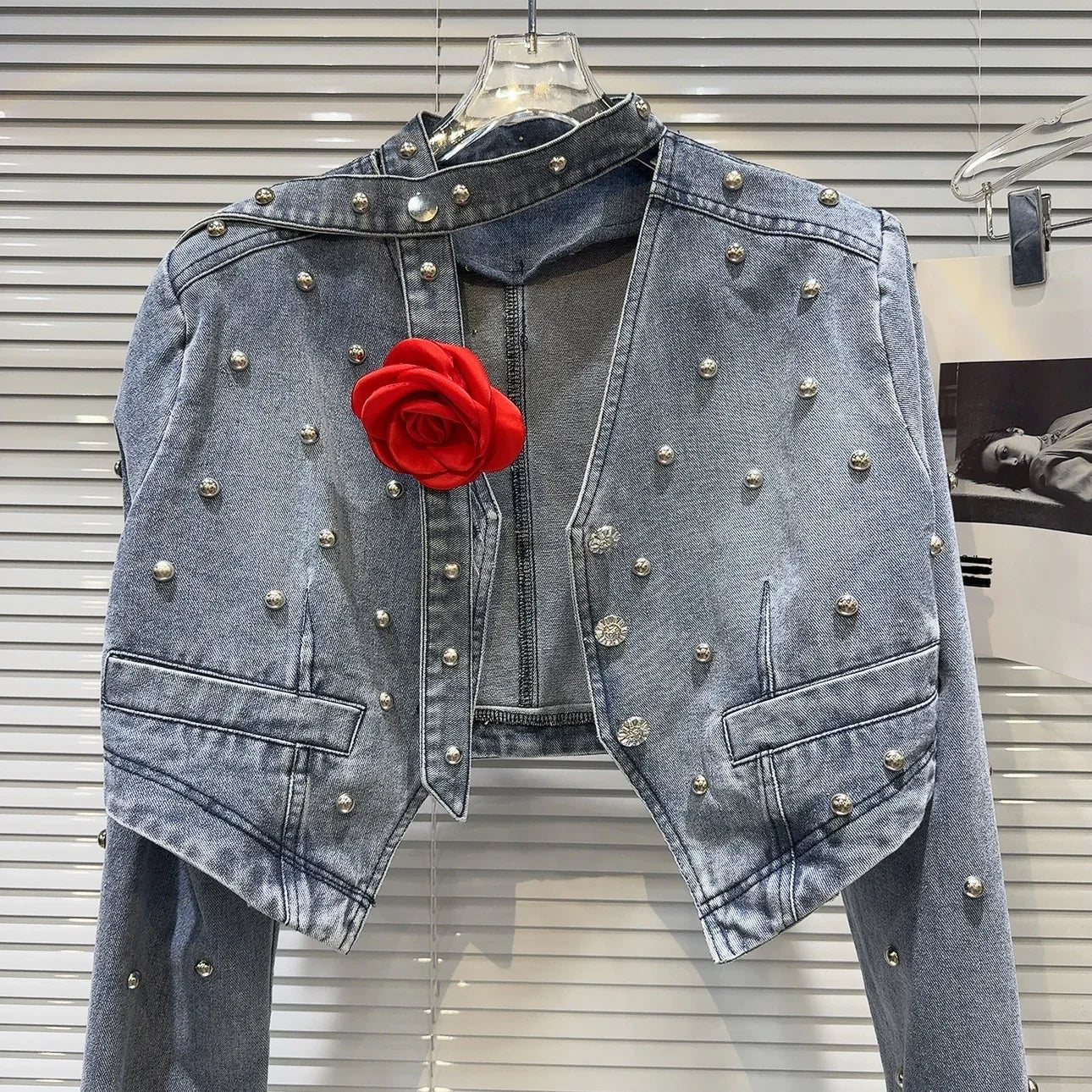 Chic Autumn 3D Roses Flower Tie Rivets Denim Jacket Beading Jeans Coat Pearls Cowboy Cardigan Tops + Short A-Line Skirt 2pcs Set