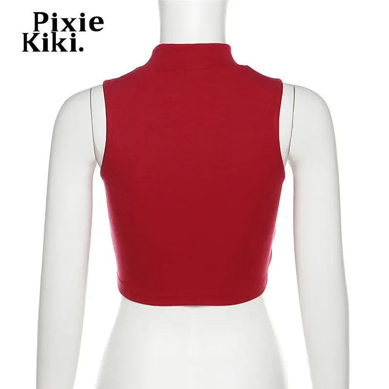 PixieKiki Red Graphic Crop Tops Y2k 2000s Moda Regatas para Mulheres 2023 Verão Camisetas Sem Mangas P71-AG12