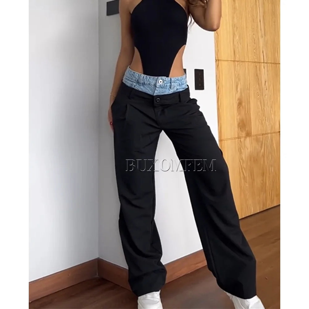 Retro High Waisted Color Matching Loose Jeans for Women, Hip-Hop, Trendy, Full-Length Straight Pants, Y2k Style, New Bottoms