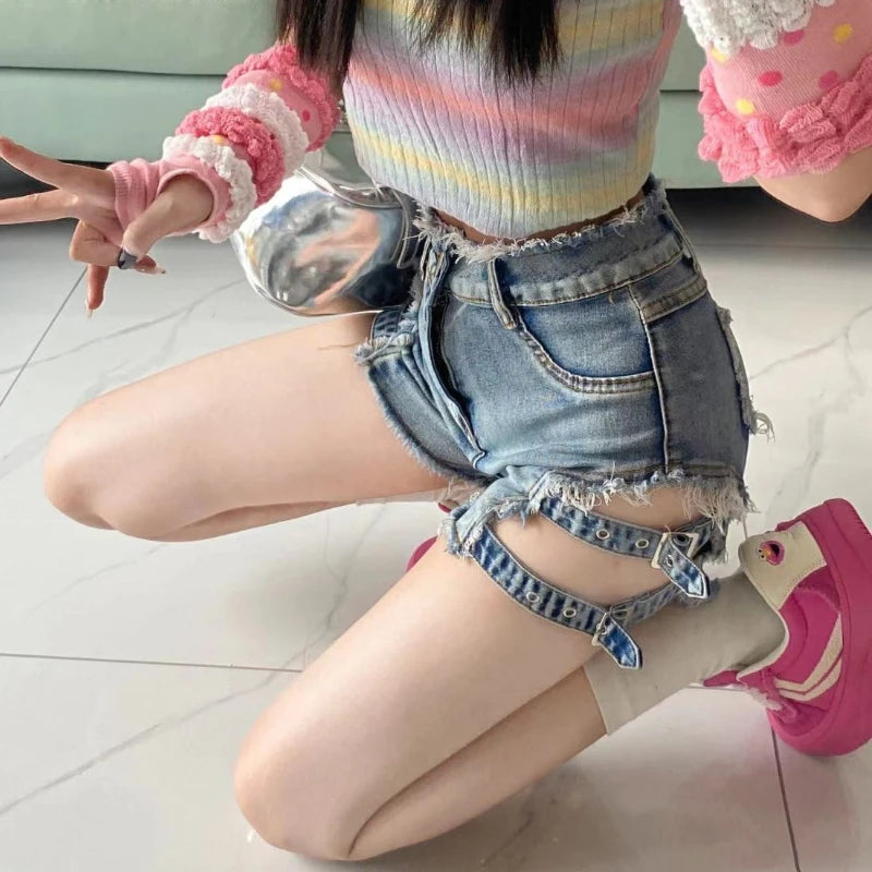 American Women Blue Denim Shorts Hot Sexy Bandage Hollow Out Retro High Waist Streetwear Punk Chic Lovey Female Spring Summer