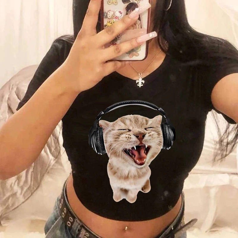 Mulheres 2000s Doce Engraçado Gato Camiseta Top Curto Camisa Feminina Camiseta Ulzzang Curta 90s Camiseta Top Camiseta Feminina Camisa Gótica