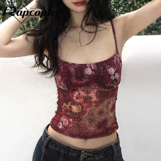 Rapcopter Vintage Print Mini Vest Women Fairycore O Neck Spaghetti Strap Crop Top Mesh See Through Sexy Holiday Tee Summer 90s