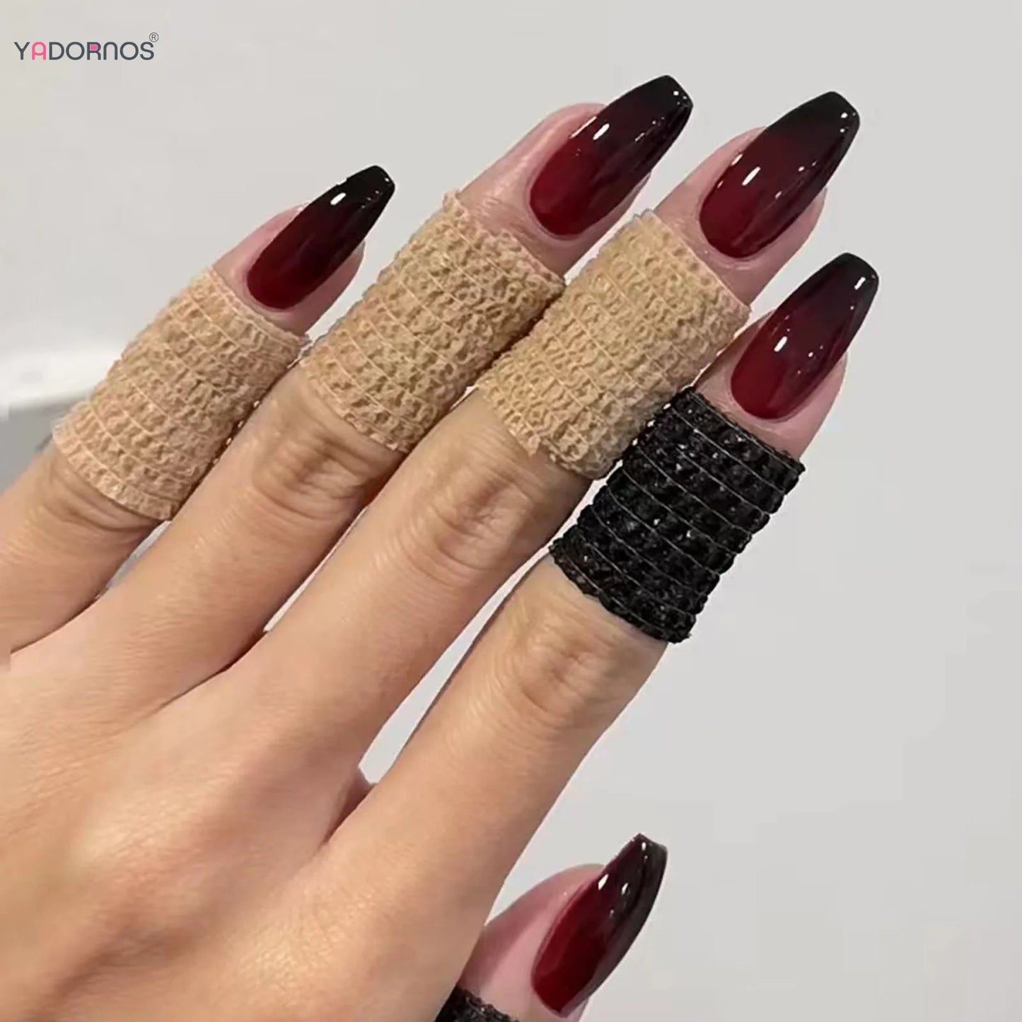 Red Black Gradient Press on Nails Medium Length Coffin Fake Nails with Sticky Tabs Ballerina False Nails Tips for Women 24Pcs