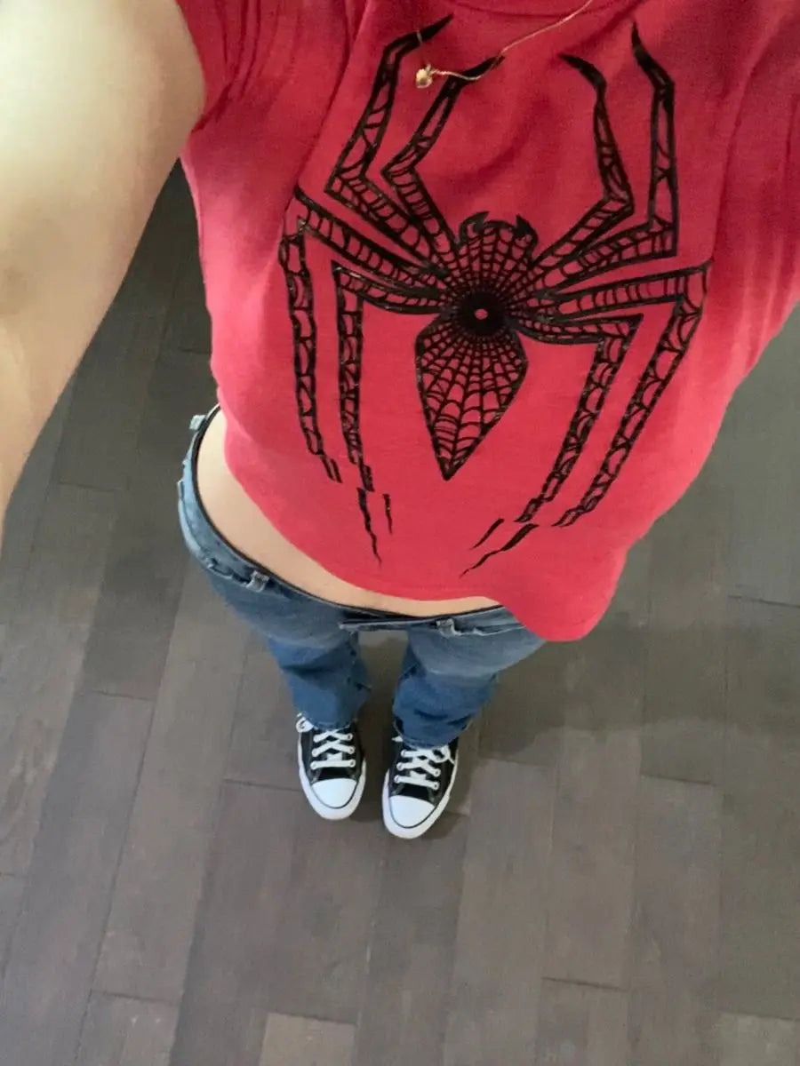 Spider Print Y2K Women Baby Tee Streetwear Vintage Letter Crop Summer Punk Casual Trash Basic Goth Slim Short Sleeve T-Shirt emo